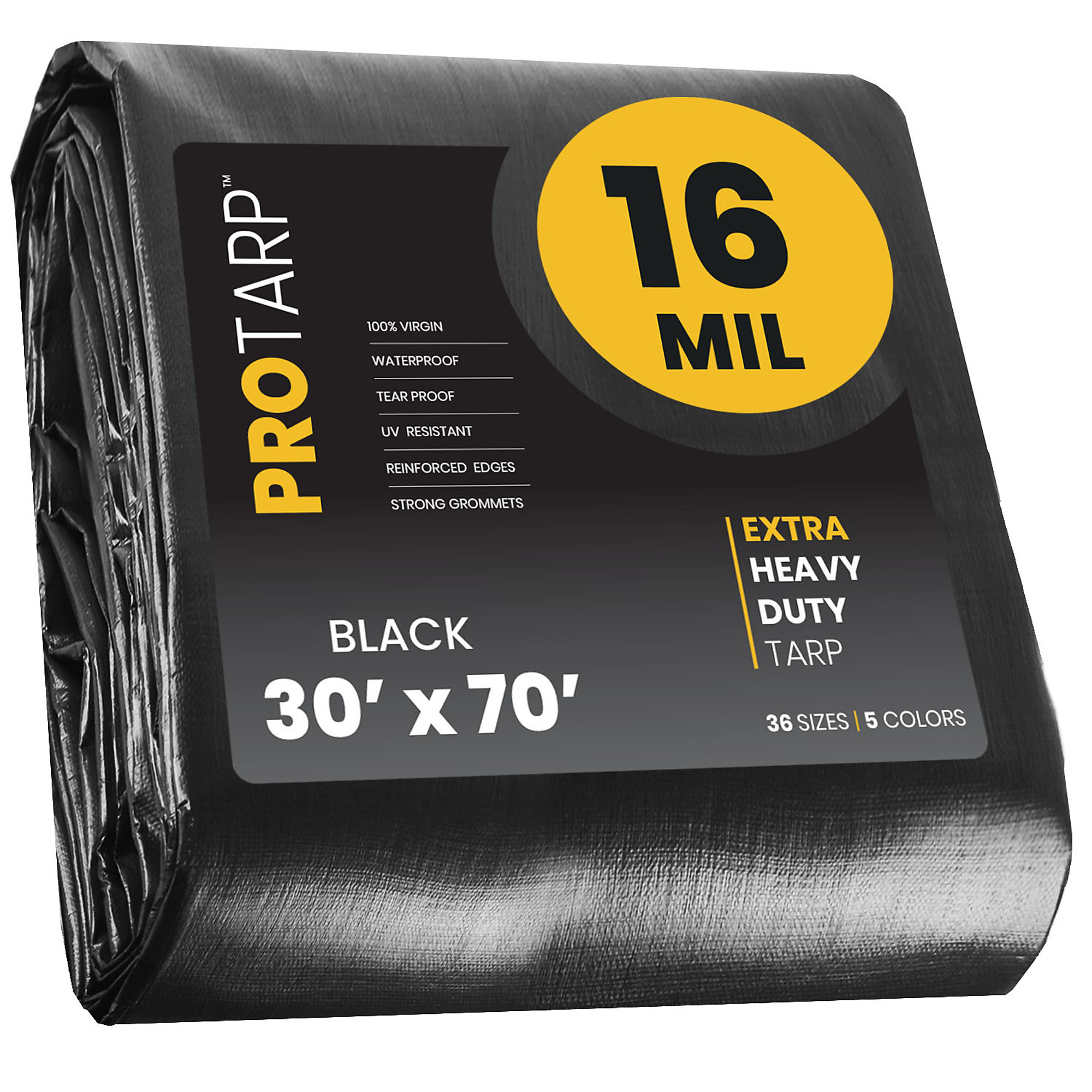 PROTARP Extra Heavy Duty 16 Mil Tarp Cover, Waterproof, UV Resistant, Rip and Tear Proof, Poly Tarpaulin with Reinforced Edges for Roof, Camping, Patio, Pool , Boat. (Black 30' X 70')